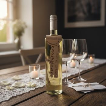 Flaschenanhänger aus Birkenholz mit gelasertem Hochzeitsspruch, dekorativ an einer Weinflasche befestigt.